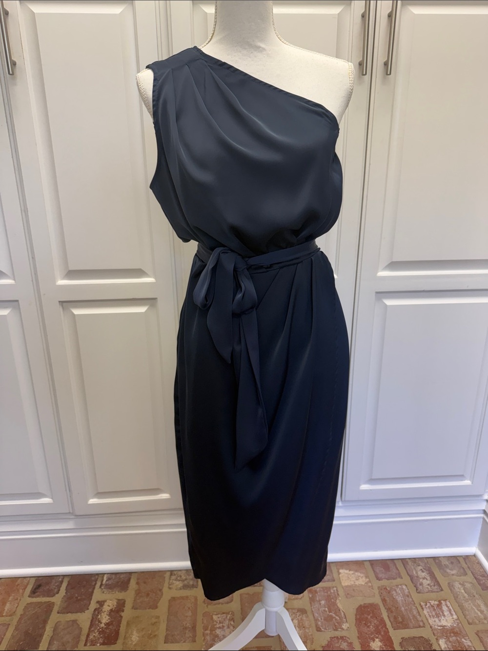 One-Shoulder Dark Navy Satin Dress with Self-Tie Waist